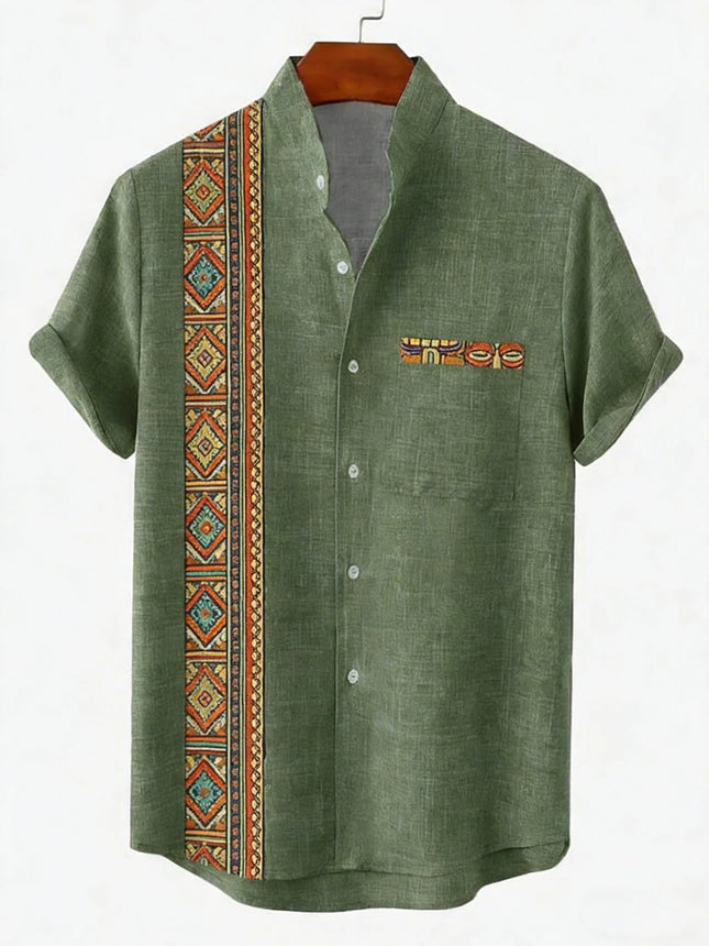 Men's Linen Short Sleeve Lapel Shirt Natural Ethnic Totem 3D Printed Shirt Hawaiian Vacation Social Party Shirt Fast Shipping