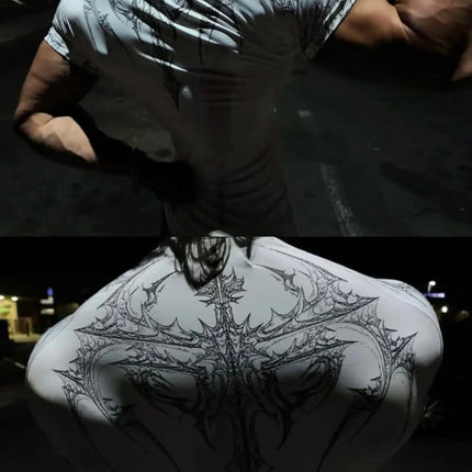GYM T-shirt Men's Dark Gothic Print Muscle Tee  High Elasticity And Quick Drying Exercise For Bodybuilding Training 2025 Summer