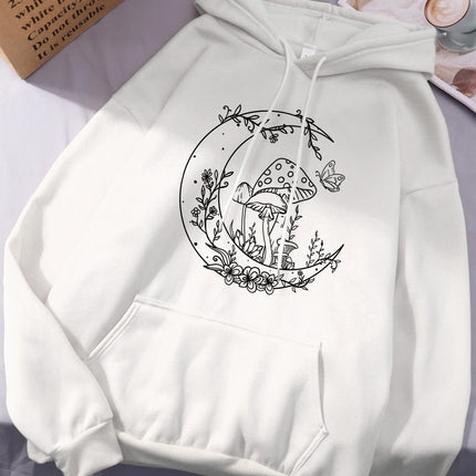 Mushroom Butterfly Moon Flower Prints Women Hoodies Autumn Pocket Streetwear Loose Casual Pullover Comfortable Fleece Hoody