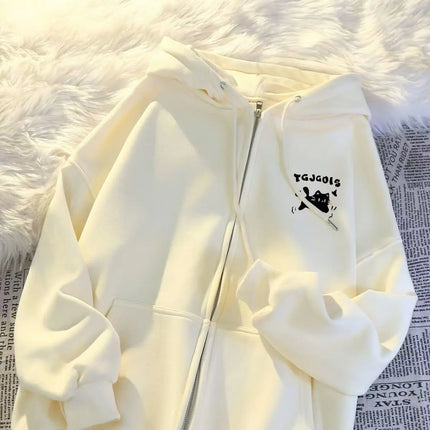 American Style Cat Print Open Cardigan Hoodie Jacket Loose Fit Long Sleeve Polyester Comfortable Casual Commute Style for Women