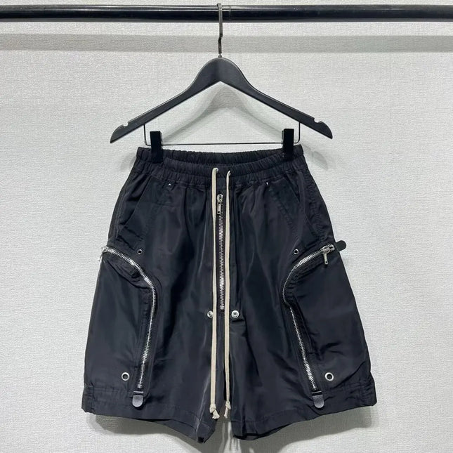 Men's Techwear Cargo Shorts Multi-Zipper Pocket Elastic Waist Drawstring Streetwear Casual Shorts