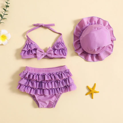 Infant Baby Girls Summer Swimwear Lovely Bowknot Halter Neck Vest Tops+Layered Ruffle Tutu Shorts+Swim Hat Baby 3PCS Beachwear