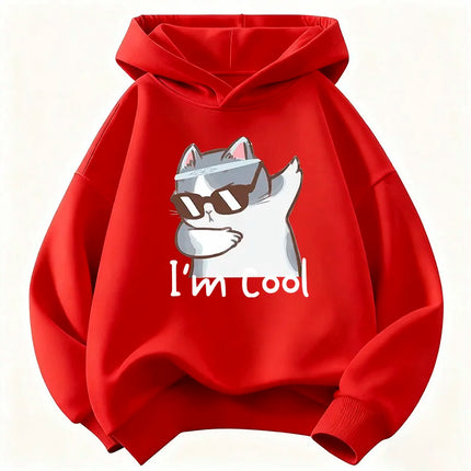 I Am Cool Cat Printed Pullover Hooded Kids Children's Sweatshirt Cute Hoody for Boys Girls Autumn Spring Casual Hoodies