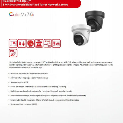 Hikvision ColorVu3.0 8MP IP Camera 4K 2MIC Smart Hybrid Light 1/1.8" CMOS DS-2CD2387G3-LI2UY