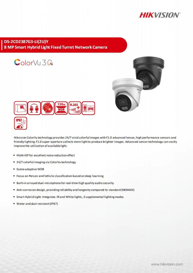 Hikvision ColorVu3.0 8MP IP Camera 4K 2MIC Smart Hybrid Light 1/1.8" CMOS DS-2CD2387G3-LI2UY
