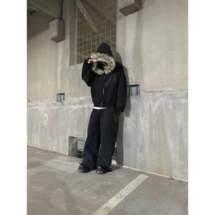 European and American Y2K fuzzy hat hoodie printed pattern long sleeved pullover hoodie retro jacket street trend