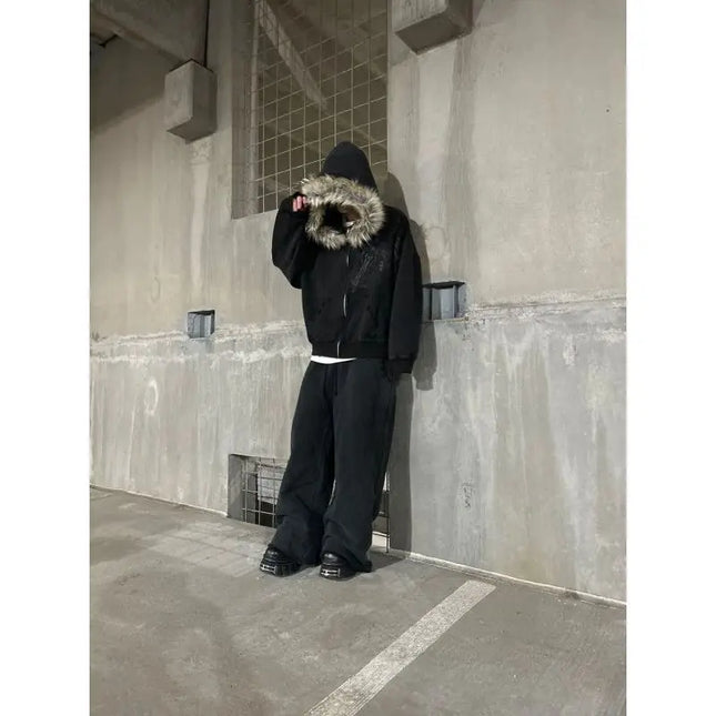 European and American Y2K fuzzy hat hoodie printed pattern long sleeved pullover hoodie retro jacket street trend