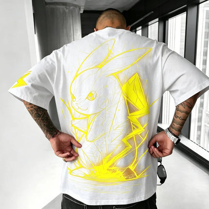 2026 Summer Pokemon Cotton T Shirt Pikachu Front Print Yellow Lightning Effects Black Tops Loose Fit Men Casual Streetwear