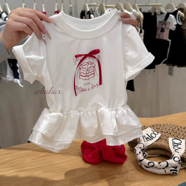 Girls  Knot T-irt Summer Children's Korean Sle Cute Faionable Skirt Panel ort Sve Trendy Cotton Casual Top