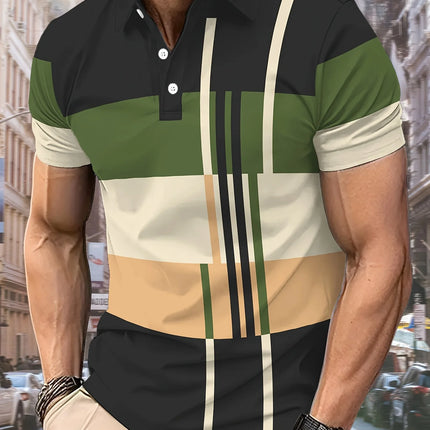The 2025 summer new men's POLO shirt features a casual fashionable comfortable and breathable 3D striped pattern print