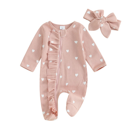 Pudcoco Baby Girls Valentines Day Foot Cover Jumpsuit Long Sleeve Crew Neck Heart Print Ruffle Zipper Footies with Headband 0-6M