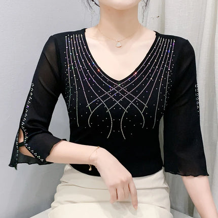 2025 Spring Summer Mesh Tops Korean Fashion Diamond T Shirt Slim 3/4 Sleeve Hollow Out Casual Women Shirt