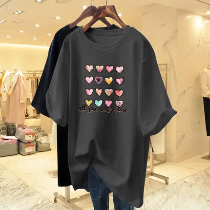 Summer Fashion Hand-Painted Love Printing Basic T-shirt Women Cotton Casual Loose O-neck Short Sleeve Top Tee 40-105Kg Pullovers