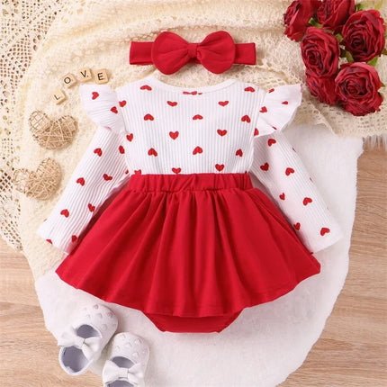 Baby Girls Valentine's Day Romper Dress Long Sleeve Ruffle Heart Letter Print Romper with Headband