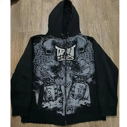 90s Tapout Gothic Zip Up Hoodies Skull Cross Wings Graphic Print Dark Streetwear Black Hooded Sweatshirts Unisex Autumn Tops