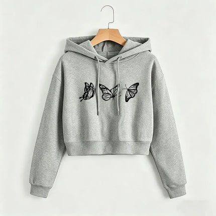 Vintage Butterfly Print Cropped Sweatshirt Crop Top Hoodie Y2k Sweatshirts Gothic Casual Style Clothes Autumn Winter