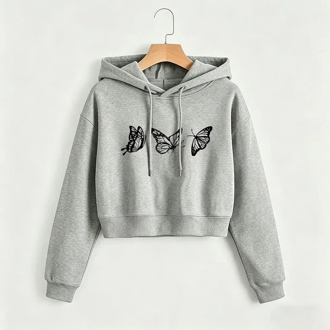 Vintage Butterfly Print Cropped Sweatshirt Crop Top Hoodie Y2k Sweatshirts Gothic Casual Style Clothes Autumn Winter