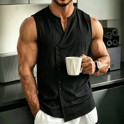 2026 New Male Japanese-style Chinese aesthetic Men's Linen Sleeveless Vest - Summer Casual Button-Front Tank Top