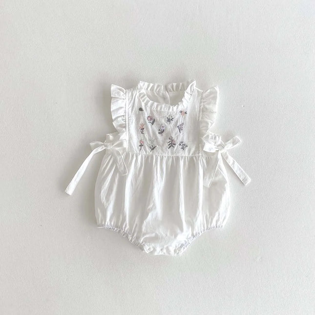 Summer baby girl sweet and cute embroidered floral side bow jumpsuit, baby girl sleeveless thin lace collar jumpsuit, suitable f