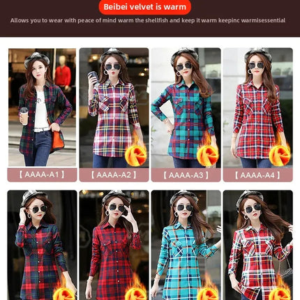Thickened Fleece Women's Long Sleeve Shirt Warm Slim Fit Midi Length Plaid Korean Style Fashionable Women's Button-up Top