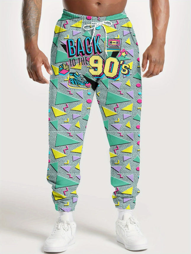 Retro 80s 90s Printed Pants Street Pants Men's Side Pockets Elastic Drawstring Sweatpants Joggers Pants for Men Casual Trousers
