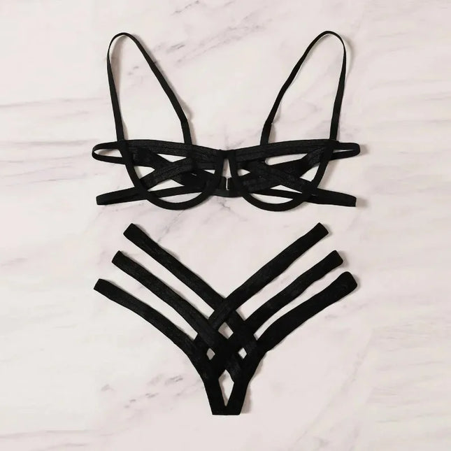 Bondage Harness Lingerie Set Women's Elastic Hollow Out Bra Sets Black Cupless Cage Bra Thong Sexy Intimates Exotic Underwear