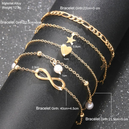 5pcs Boho 8 Charm Anklet Set for Women Vintage Pearl Butterfly Star Heart Pendant Chain Leg Jewelry for Summer Beach