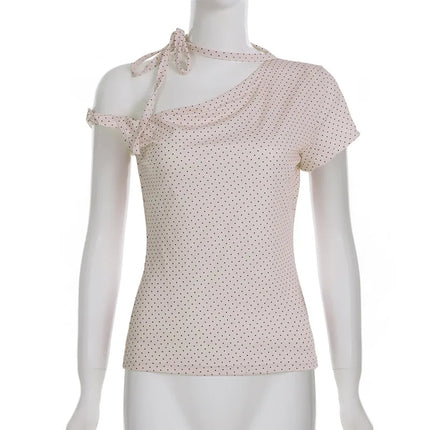 Women's Polka Dot Backless Halter Top Knot Slim Fit Short Sleeve Casual Streetwear Sexy Fashion Tee Top