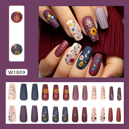 Dark Brown Flowers 24 Pcs Press-on Nails Pink Nail Polish Glossy Artificial Finger Manicure Reusable False Nails
