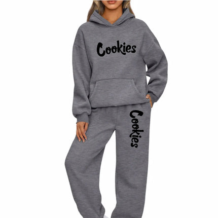Women Hoodies Two Piece Sets Cookies Printing Hooded Sweatshirt Sweatpants Casual Suit Female Outwear and Trousers