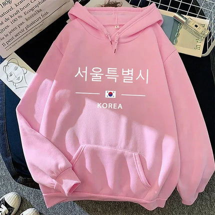 Seoul Korea Print Hoodie Woman High Quality Hoode Long Sleeve Pullover Fall Winter Female Daily Casual Sport Loose Sweatshirt