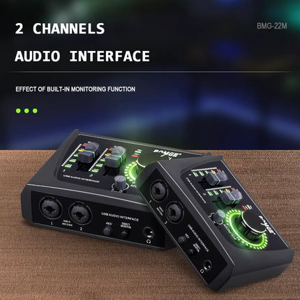 BOMGE 22M Audio Interface Sound Card console Mini USB Mixer for Guitar Recording Studio Singing for Guitar Podcasting Recording