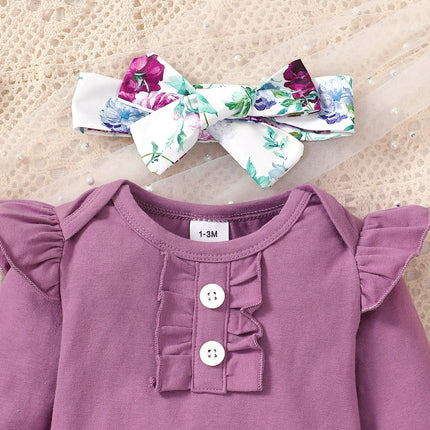 Newborn Girl Baby Set Purple Flared Sleeve Bodysuit + Flower Backband Pant for 0-24 Months Old Female Baby Spring & Autumn Set