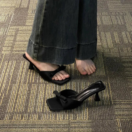 Designer Women Square Toe High Heel Slippers Fashion Butterfly-knot Dress Shoes Summer Stripper Mules Slides Zapatos De Mujer
