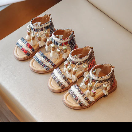 Girls Sandals Ethnic Retro Children Fashion Casual Shoes Tassels 2024 Back Zipper Summer New Sandals Kids Pattern GLADIATOR Cute