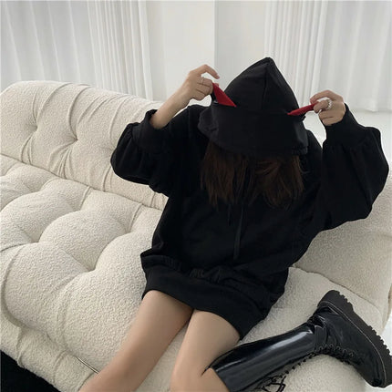 Women Fleece Thicken Cartoon Cat Ear Hoodie Sport Stylish Female Autumn Winter Pullover Tops Loose Mid-length Warmth Sweatshirt