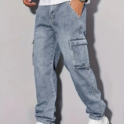 Men's American Retro Casual Cargo Jeans, Loose Fit, Solid Color, Fashion Essential