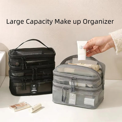 Fashion Transparent Mesh Travel Cosmetic Bag Storage Multi Layer Portable Womens Toiletry Bag Large Capacity Bag Makeup