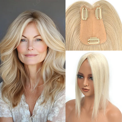 12 Inch 30cm Brazilian Human Hair Topper with 7x11 Swiss Lace Base Invisible Scalp Clip on Natural Blend for Thin Crown Hair