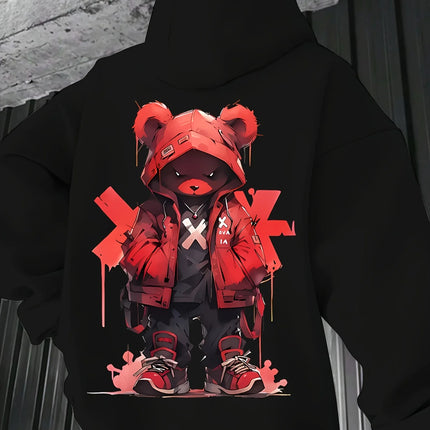 Men's Black OG Bear Graphic Hoodie with Red X Design and Drip Effect, Streetwear Pullover for Urban Fashion