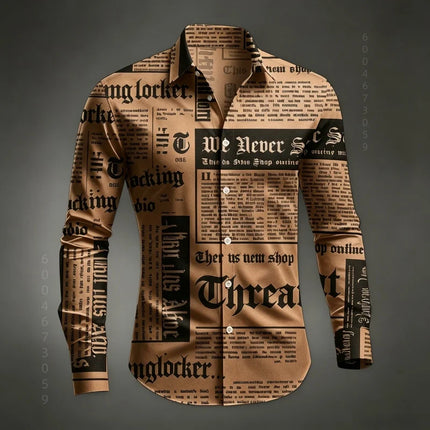 Men's Shirt Long Sleeved Shirt Newspaper Letter Print Retro Casual Single Breasted Shirt Street Style Trendy Men's Top XS-6XL