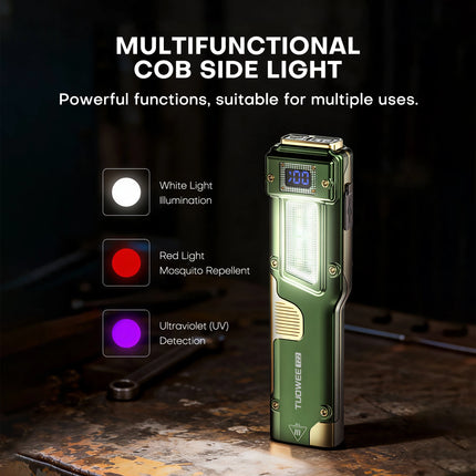 EDC Tactical Flashlight - 2000LM Dual LED, USB-C Rechargeable, COB Side Light with White/Red/UV, LCD Display, Magnetic Clip