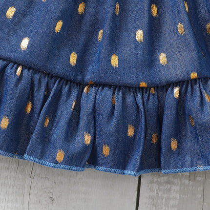 3-24Months Infant Baby Girl Golden Dot Slip Blue Dress Toddler Girl Summer Fashion Party Princess Dresses with Headband 2Pcs Set