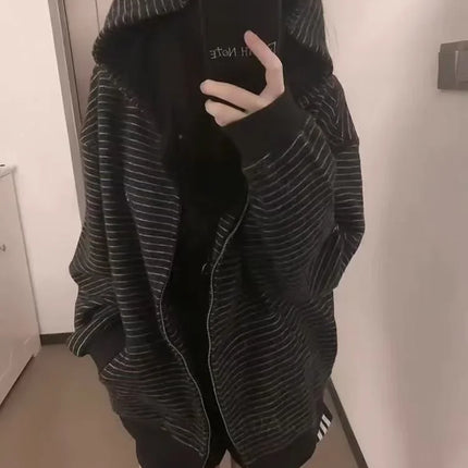 2000S American Vintage Striped Loose Long Sleeve Hooded Sweatshirt Y2k Subculture Casual Zip Up Hooded Cardigan Harajuku Coats