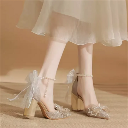 Spring Pointed Toe Party Wedding Shoes for Women, Bride Bow Thick Heel Silver Sequin Fairy Lolita Style Single Shoes