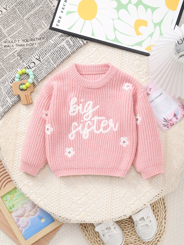 Baby Girl Knitted Round Neck Sweater with Letter Big Sister and Flower Embroidery, Fresh and Versatile, Ins Hot-Selling Top