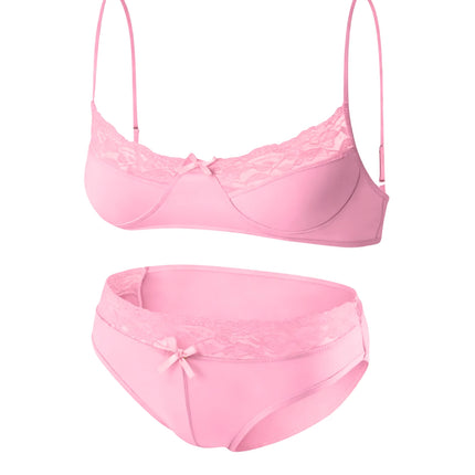 1 Set of 2 Pieces Underwear Set:Men's erotic cross-dressing bowknot lace underwear set, lace panties & bra combination set