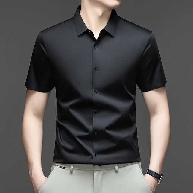 Summer Men Short Sleeve Button Up Shirt Ice Silk Casual Business Formal Shirt Breathable Wrinkle Free