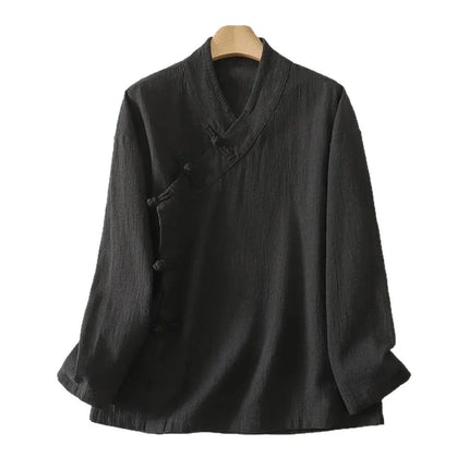 Loose Fit Long Sleeve Shirt New Autumn 2025 Chinese Style Button Zen Study Robe Tea Ceremony Side Buttoned Cotton Linen Shirt