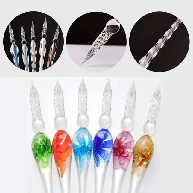 Floral Vintage Crystal Glass Dip Pen Set Signature Fountain Pen Ink Writing Tool Art Writing Painting Decoration Holiday Gift
